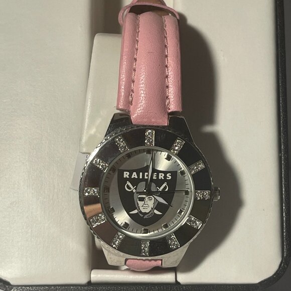Las Vegas Raiders NFL Women\'s Watch w/ Pink Leather Band w/ Rhinestones NEW